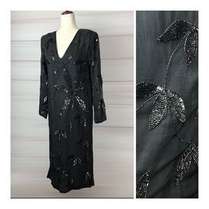 NWT 100% Silk Vintage Black Shift Dress Embroidered with Sequins and Beads